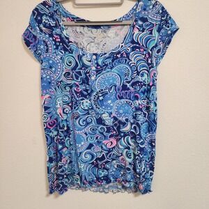 Lilly Pulitzer Short‎ Sleeve Henley Top Blue Pink Paisley Print Size S